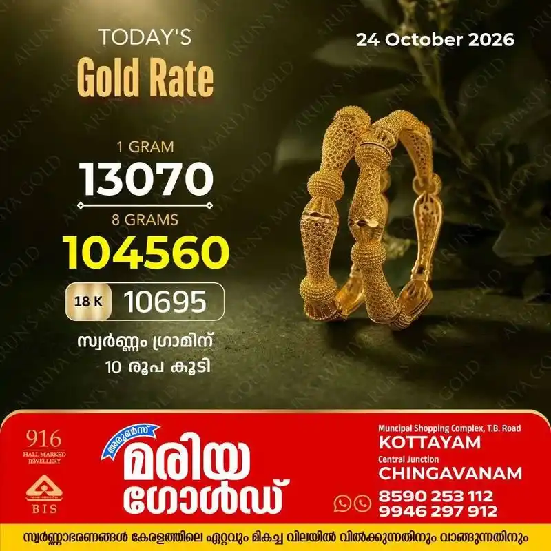 സംസ്ഥാനത്ത് സ്വർണ്ണവിലയിൽ വർദ്ധനവ് ; സ്വർണ്ണത്തിന് ഇന്ന് കൂടിയത് 10 രൂപ : കോട്ടയം അരുൺസ് മരിയ ഗോൾഡിലെ സ്വർണ്ണവില അറിയാം