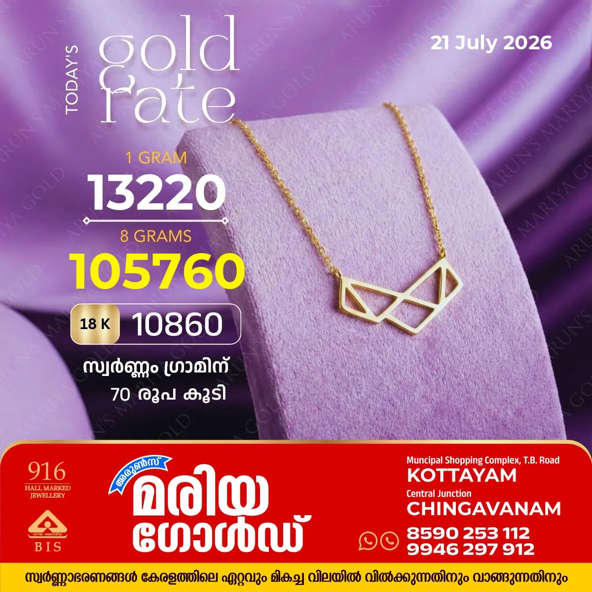 സംസ്ഥാനത്ത് ഇന്ന്(21/07/26) സ്വർണവിലയിൽ വർധന; ഗ്രാമിന് 70 രൂപ കൂടി, അറിയാം കോട്ടയം അരുൺസ് മരിയ ഗോൾഡിലെ സ്വർണവില 