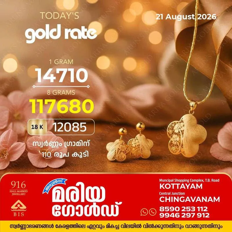 കത്തിക്കയറി സ്വർണവില; ഇന്ന് ഗ്രാമിന് കൂടിയത് 110 രൂപ; അറിയാം കോട്ടയം അരുൺസ് മരിയ ഗോൾഡിലെ ഇന്നത്തെ സ്വർണവില