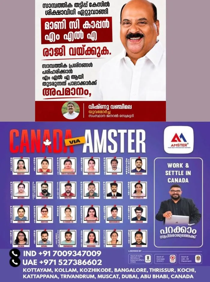 സാമ്പത്തിക കേസിൽ കോടതി ശിക്ഷിച്ച മാണി സി കാപ്പൻ എംഎൽഎ സ്ഥാനം രാജിവയ്ക്കണം; യുവമോര്ച്ച സംസ്ഥാന ജനറല് സെക്രട്ടറി വിഷ്ണു വഞ്ചിമല