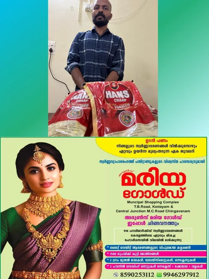 ഓപ്പറേഷൻതൂഫാൻ;വില്പ്പനക്കായി സൂക്ഷിച്ച നിരോധിത പുകയില ഉൽപ്പന്നമായ 150 പാക്കറ്റ് ഹാൻസുമായി യുവാവ് പള്ളിക്കത്തോട് പൊലീസിന്റെ പിടിയിൽ