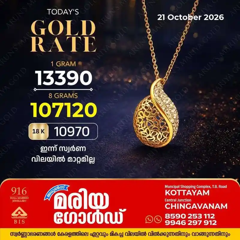 സംസ്ഥാനത്ത് ഇന്ന് (21/10/2026) സ്വർണ്ണവിലയിൽ മാറ്റമില്ല; കോട്ടയം അരുൺസ് മരിയ ഗോൾഡിലെ ഇന്നത്തെ സ്വർണ്ണവില അറിയാം
