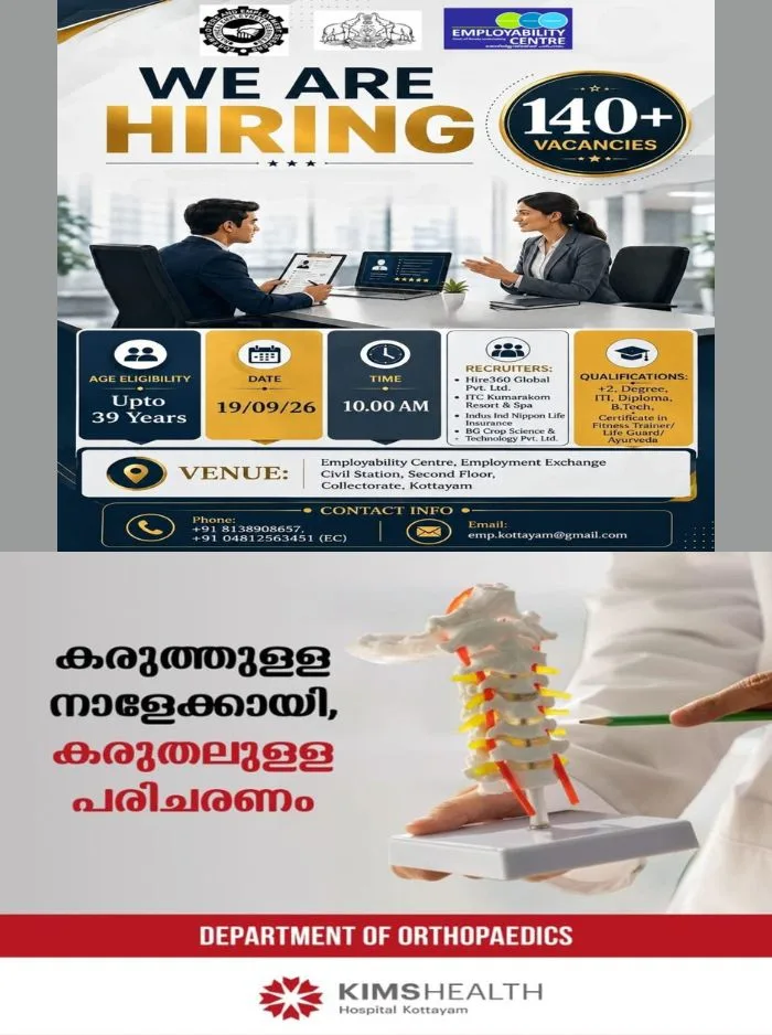 കോട്ടയം എംപ്ലോയബിലിറ്റി സെന്ററിന്റെ ആഭിമുഖ്യത്തിൽ 140ലധികം ഒഴിവുകളിലേക്ക് ഉദ്യോഗാർത്ഥികളെ നിയമിക്കുന്നു; അഭിമുഖം സെപ്റ്റംബർ 19ന്