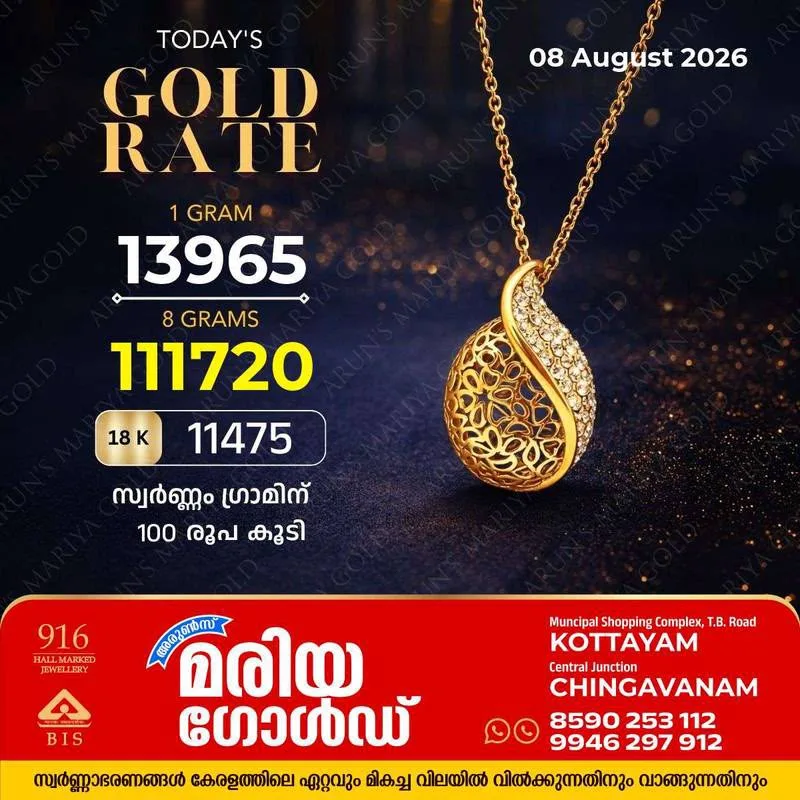 സംസ്ഥാനത്ത് ഇന്ന് (08/08/2026) സ്വർണ്ണം ഗ്രാമിന് 100 രൂപ കൂടി; അറിയാം കോട്ടയം അരുൺസ് മരിയ ഗോൾഡിലെ ഇന്നത്തെ സ്വർണവില