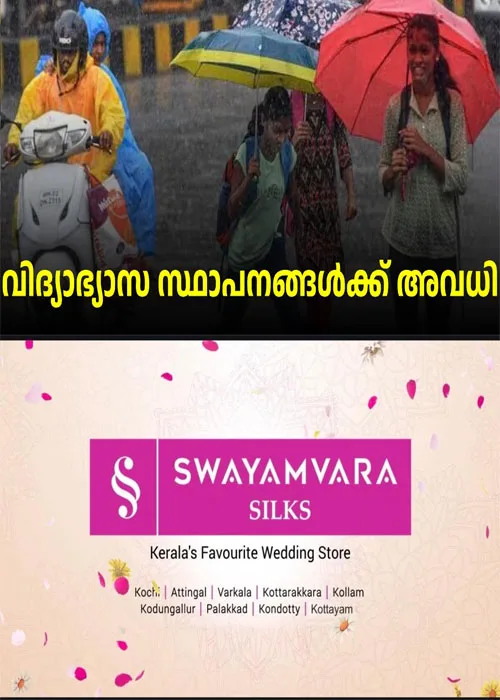   സംസ്ഥാനത്ത് ശക്തമായ മഴ;കോട്ടയം ഉൾപ്പെടെ 6 ജില്ലകളിൽ വിദ്യാഭ്യാസ സ്ഥാപനങ്ങൾക്ക്  അവധി പ്രഖ്യാപിച്ചു;6 ജില്ലകളിൽ അടുത്ത 3 മണിക്കൂറിൽ റെ‍‍ഡ് അലർട്ട്